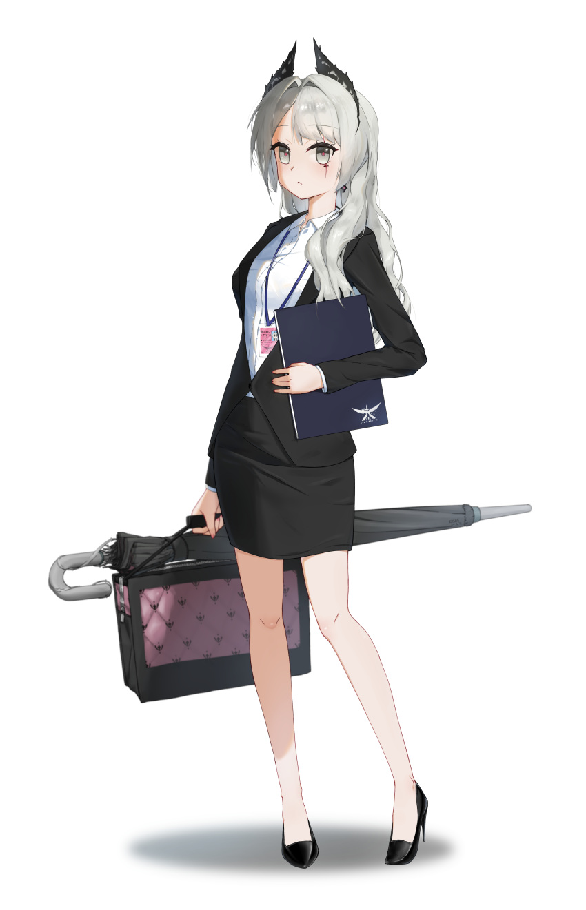 1girl, :/, absurdres, alternate_costume, alternate_hairstyle, arknights, bare_legs, black_feathers