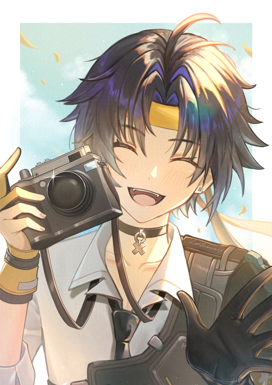 1boy, ahoge, asaba_harumasa, bandana, bishounen, black_choker, black_gloves, black_hair, black_necktie, camera, choker, closed_eyes, collared_shirt, facing_viewer, gloves, highres, kuro_tsubasa, male_focus, necktie, open_mouth, shirt, short_hair, solo, upper_body, white_shirt, zenless_zone_zero