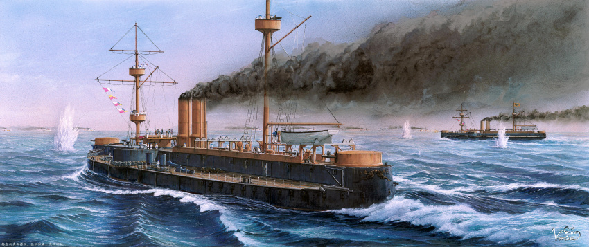 absurdres, acrylic_paint_(medium), battle, cannon, dingyuan_(cruiser), first_sino-japanese_war, flag, highres