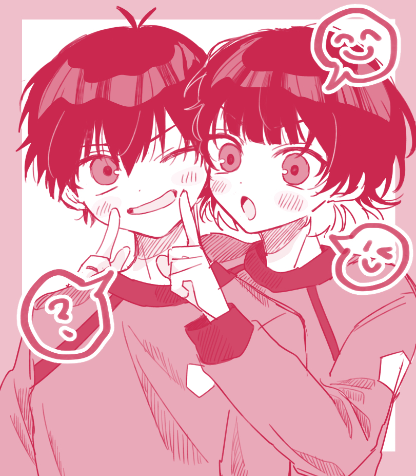 2boys, :o, ?, antenna_hair, bachira_meguru, bishounen, blue_lock, blush, commentary_request, fingersmile, isagi_yoichi, kaomoji, long_sleeves, looking_ahead, male_focus, monochrome, multiple_boys, one_eye_closed, open_mouth, red_theme, short_hair, side-by-side, speech_bubble, spoken_kaomoji, spoken_question_mark, upper_body, upturned_eyes, uta_(utamilk), very_short_hair