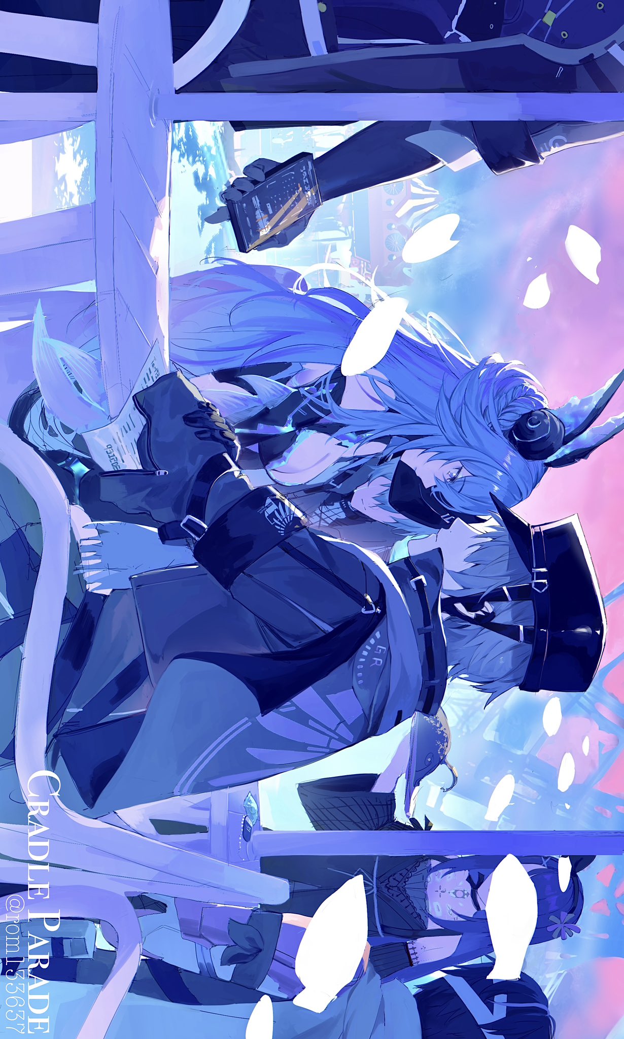 adhesive_bra, anglerfish, blue_lips, bodysuit, bridgeless_bra, cellphone, commandant_(pgr), crossed_bangs