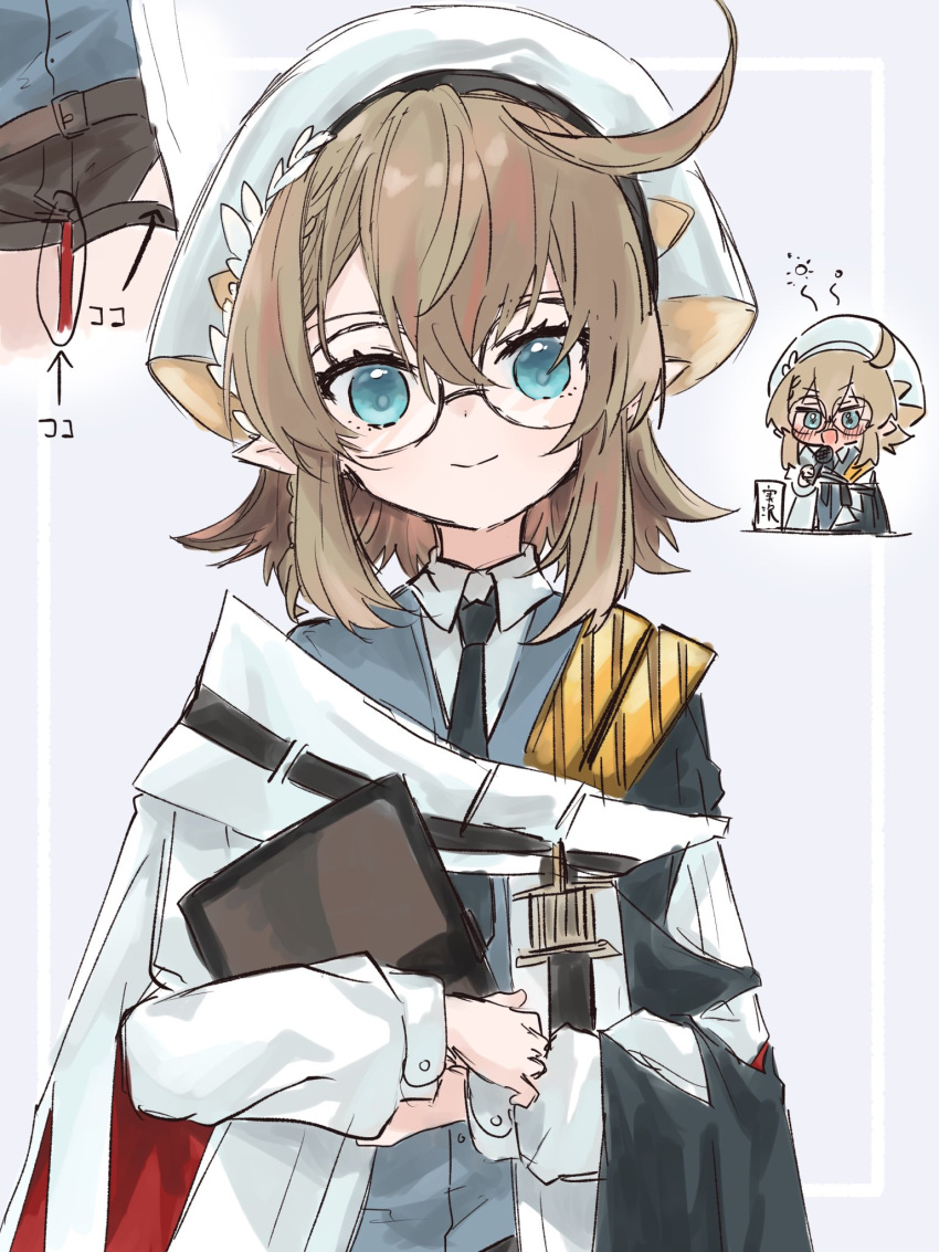 1girl, :d, ahoge, an_fyhx, arknights, arrow_(symbol), belt, black_necktie, blue_eyes, blue_vest, blush, book, brown_belt, brown_hair, brown_shorts, circled, collared_shirt, commentary_request, croque_diamondface_(arknights), drunk, glasses, hair_between_eyes, hat, highres, holding, holding_book, holding_microphone, long_hair, looking_at_viewer, microphone, necktie, open_mouth, pointy_ears, round_eyewear, shirt, shorts, simple_background, smile, solo, squeans, straight-on, thigh_gap, translation_request, upper_body, vest, white_hat, white_shirt