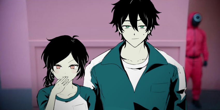 1boy, 1girl, 1other, andrew_graves, ashley_graves, black_hair, brother_and_sister, green_eyes