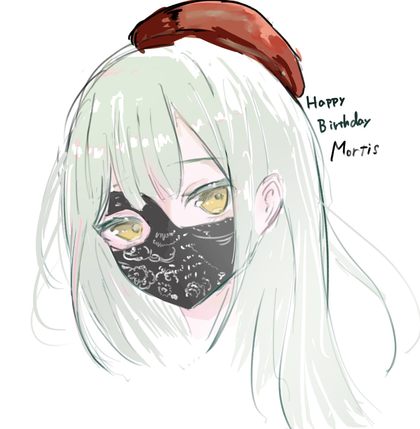 1girl, absurdres, bang_dream!, bang_dream!_it's_mygo!!!!!, beret, black_mask, character_name, commentary_request, green_eyes, green_hair, happy_birthday, hat, highres, long_hair, mask, mortis_(bang_dream!), mouth_mask, red_hat, sidelocks, simple_background, solo, wakaba_mutsumi, white_background, white_garand