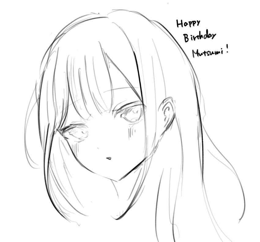 1girl, absurdres, bang_dream!, bang_dream!_it's_mygo!!!!!, blush, character_name, commentary, greyscale, happy_birthday, highres, long_hair, looking_at_viewer, monochrome, open_mouth, sidelocks, simple_background, sketch, solo, wakaba_mutsumi, white_background, white_garand