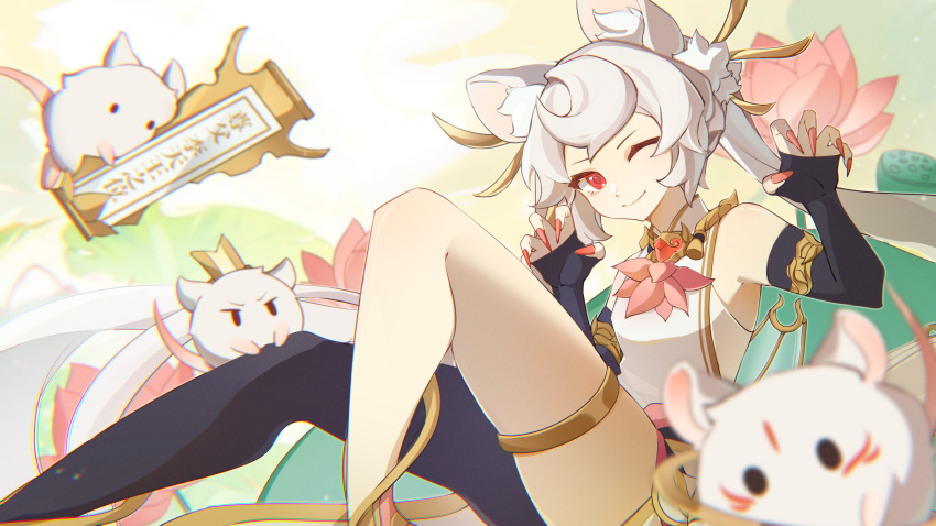 1girl, ;), absurdres, animal_ears, black_pantyhose, blurry, brooch, character_request