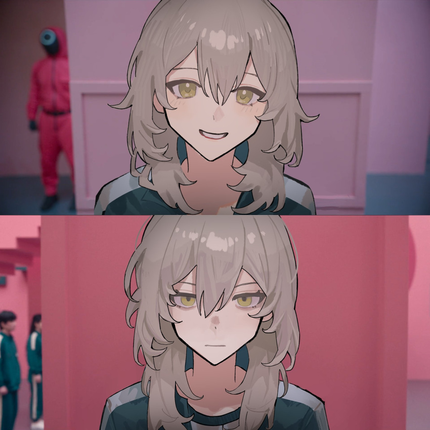 1boy, 1other, 2girls, closed_mouth, frown, grey_hair, hashtag-only_commentary, highres