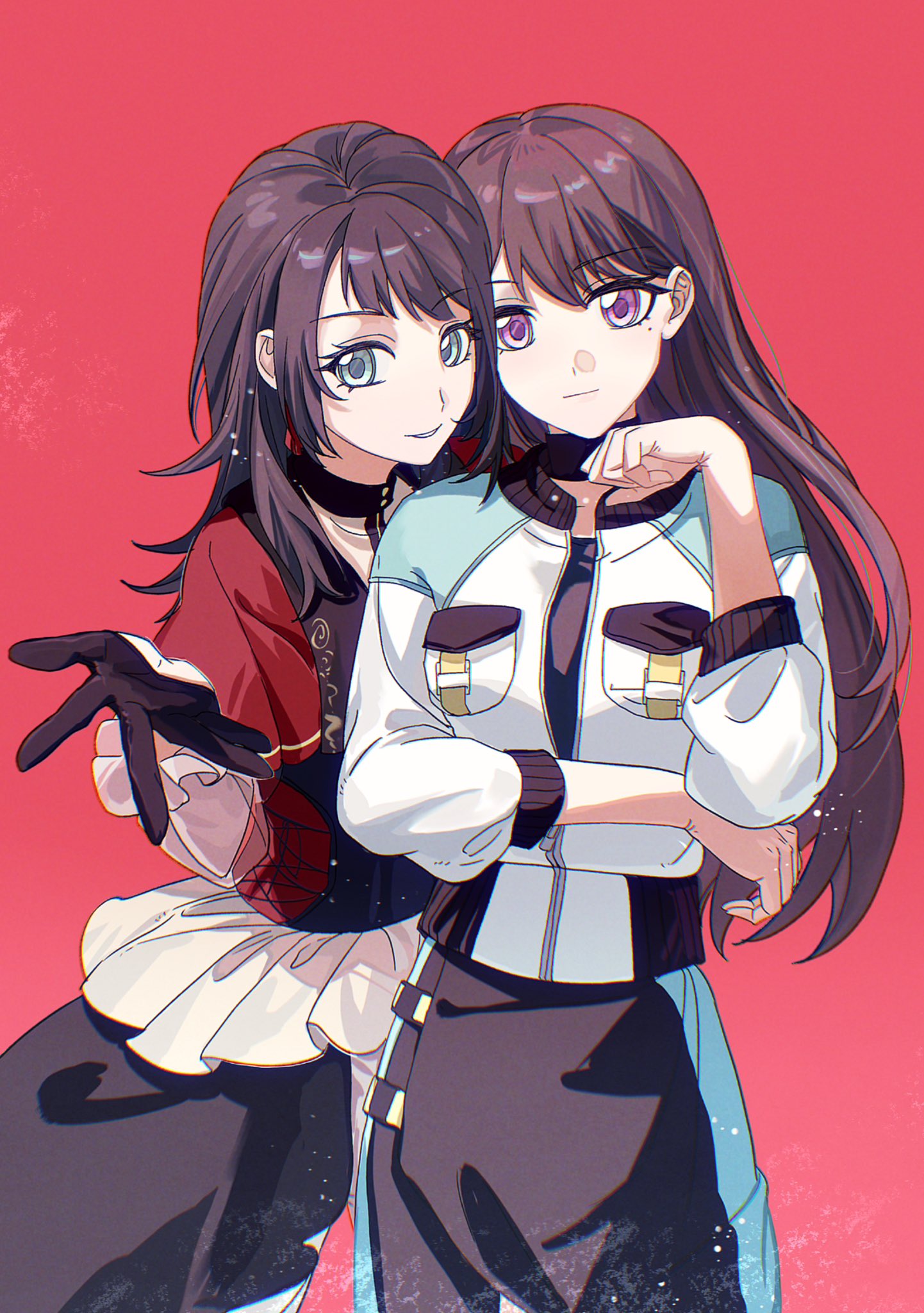2girls, bang_dream!, bang_dream!_it's_mygo!!!!!, black_gloves, black_hair, black_skirt, black_vest, blue_eyes