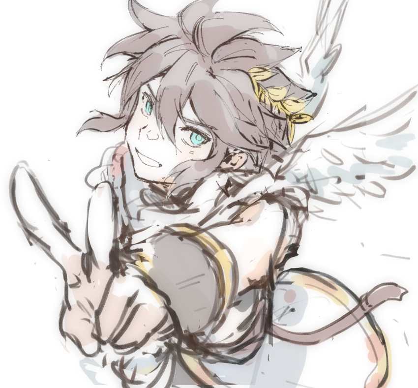 1boy, angel, angel_wings, belt, blue_eyes, bracer, brown_belt, brown_hair