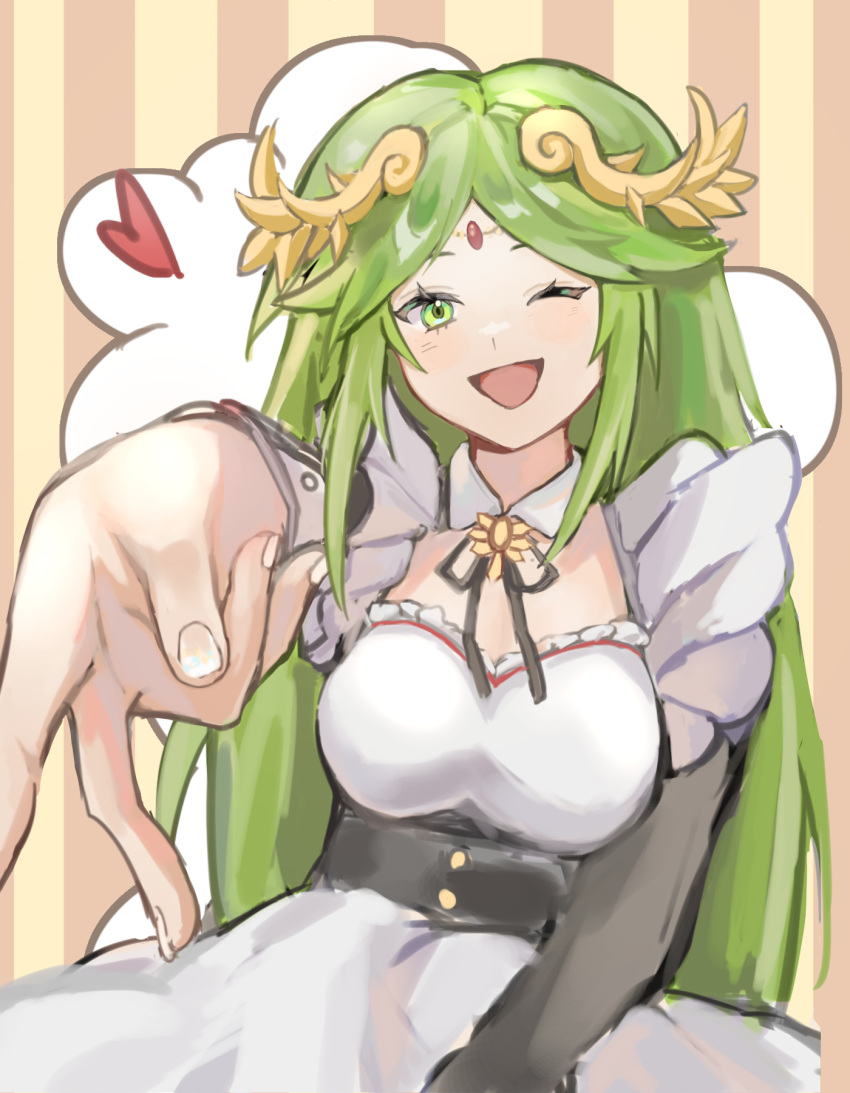 1girl, alternate_costume, breasts, chinese_commentary, forehead_jewel, foreshortening, green_eyes, green_hair