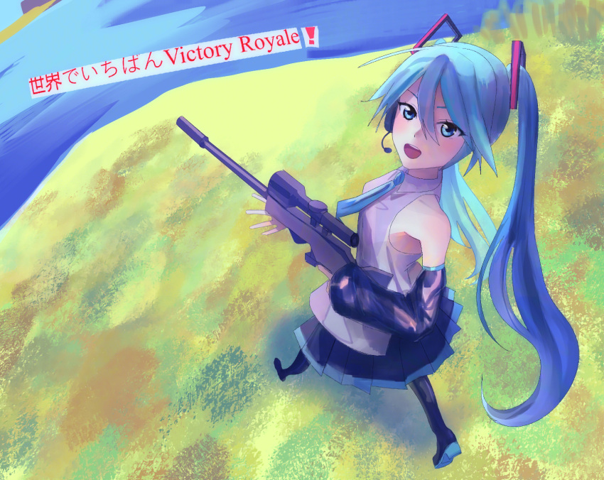 1girl, bare_shoulders, blue_eyes, blue_hair, day, grass, gun, hatsune_miku