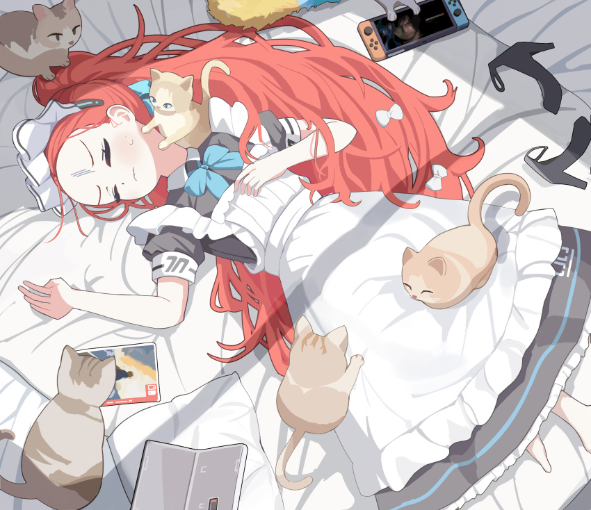 1girl, absurdres, animal, apron, black_dress, blue_archive, blue_bow, blue_bowtie
