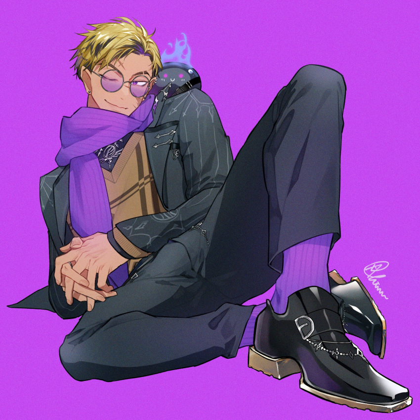 1boy, 20chinn, artist_name, black_footwear, black_jacket, black_pants, black_shirt, blonde_hair