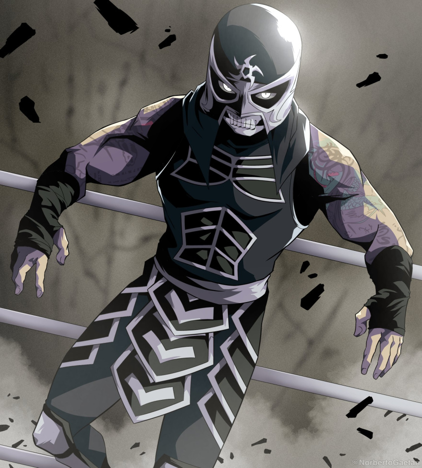 1boy, black_bandages, english_commentary, facepaint, glowing, glowing_eyes, highres, looking_at_viewer