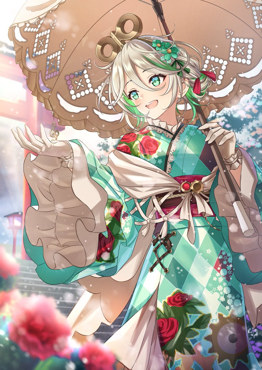1girl, :d, argyle_clothes, argyle_kimono, blurry, blurry_background, blurry_foreground, cecilia_immergreen
