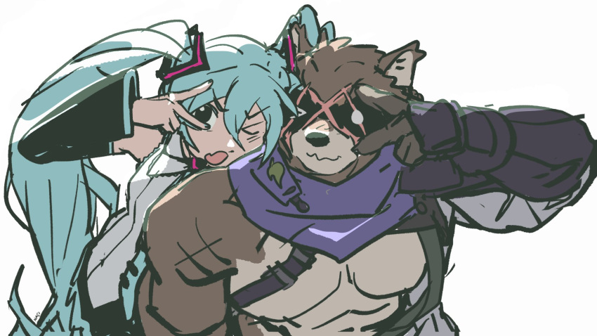 >_o, 1boy, 1girl, artist_name, blue_hair, english_commentary, fortnite, furry, furry_male, hajime_(fortnite), hatsune_miku, highres, looking_at_viewer, nasiijau, neckerchief, one_eye_closed, pectorals, purple_neckerchief, smile, twintails, v, vocaloid, wavy_mouth, white_background