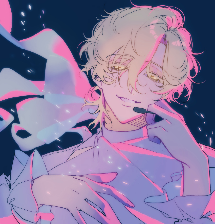 1boy, absurdres, alien_stage, blonde_hair, blue_background, chinese_commentary, colored_extremities, colored_eyelashes