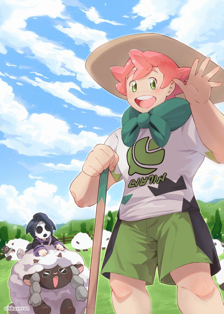 2boys, :d, absurdres, allister_(pokemon), chikuseren, clouds, commentary, day