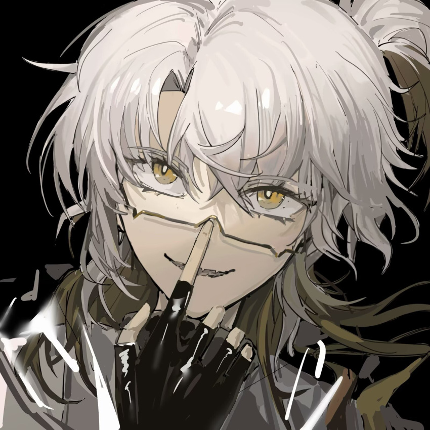 1other, adjusting_eyewear, alternate_costume, black_background, black_gloves, fingerless_gloves, glasses, gloves
