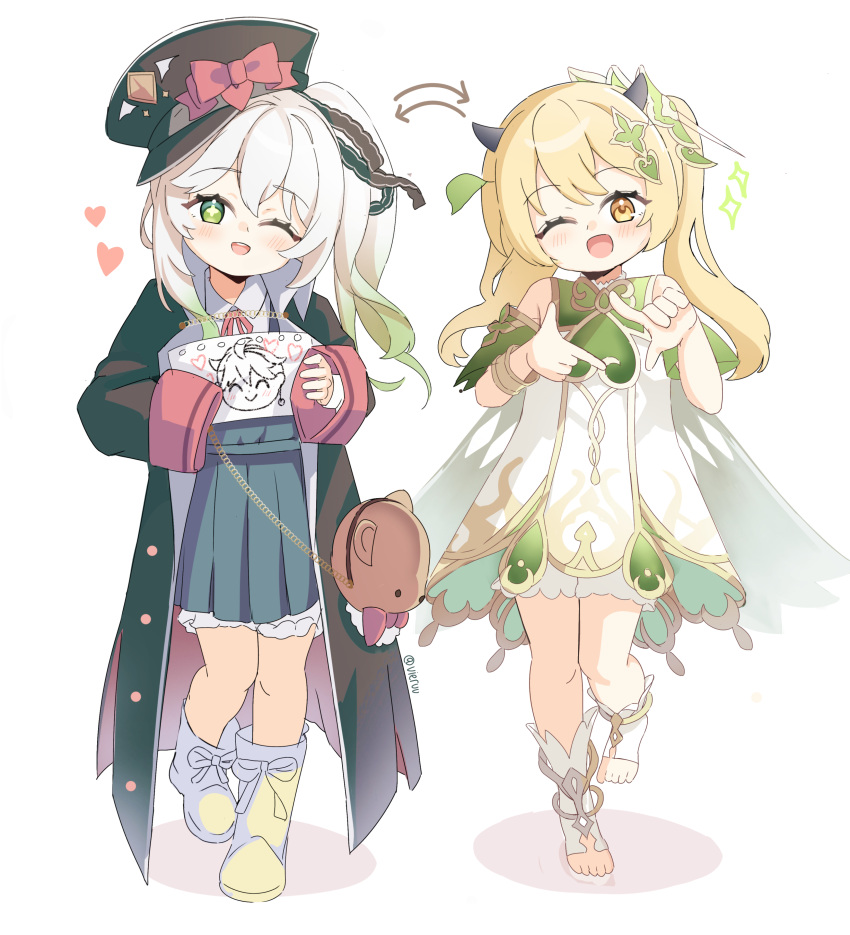 2girls, absurdres, arrow_(symbol), blonde_hair, blue_archive, boots, child, child's_drawing, coat, cosplay, costume_switch, crossover, finger_frame, full_body, genshin_impact, hat, highres, holding, holding_paper, ibuki_(blue_archive), knees, looking_at_viewer, multiple_girls, nahida_(genshin_impact), one_eye_closed, open_mouth, oversized_clothes, paper, smile, standing, toes, vieru2n, white_hair