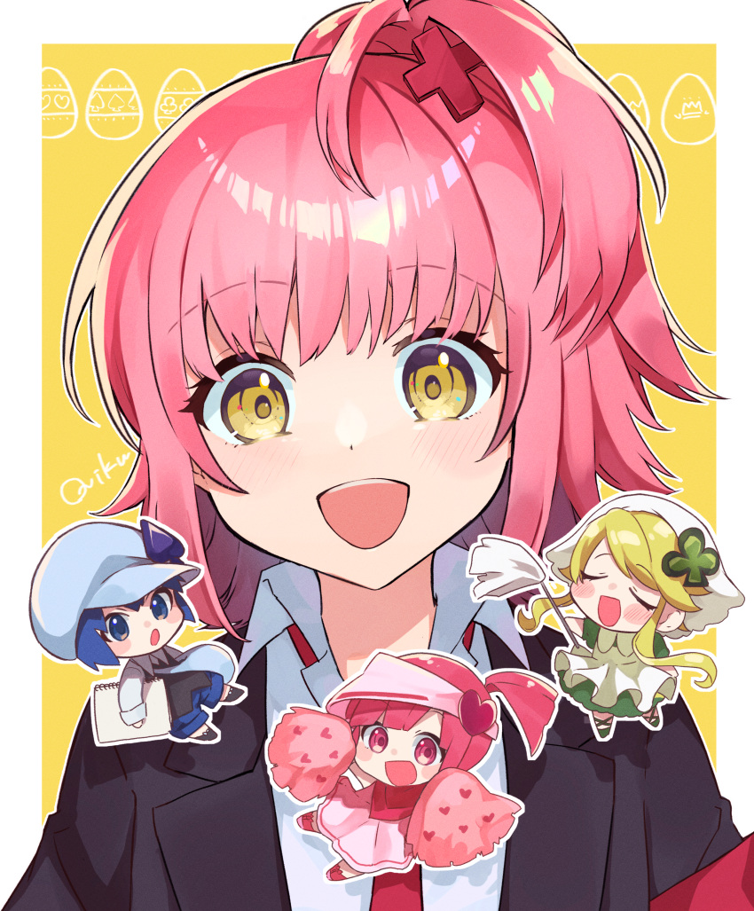 4girls, :o, absurdres, apron, black_jacket, black_vest, blonde_hair, blue_eyes