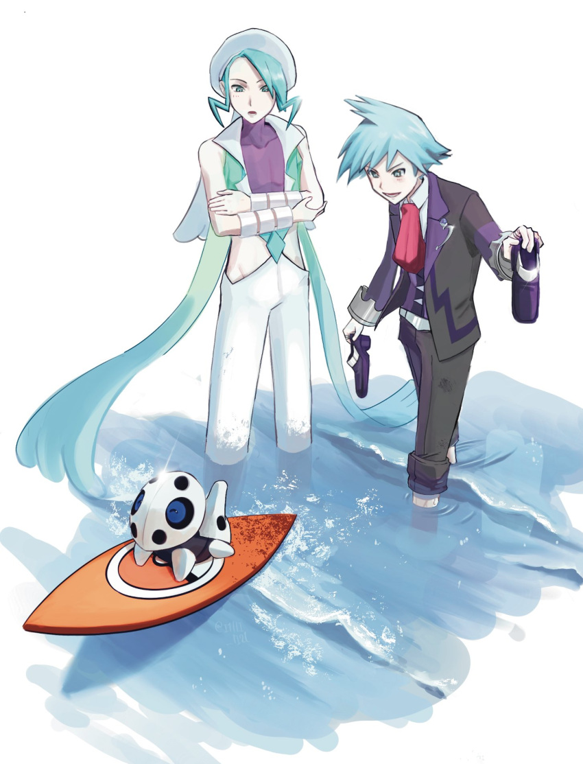 2boys, aron, black_pants, blue_eyes, blue_hair, collared_shirt, green_eyes, green_hair, green_shirt, hat, highres, holding, holding_footwear, holding_unworn_clothes, i1lli_1i2l, male_focus, multiple_boys, necktie, open_mouth, pants, pokemon, pokemon_(creature), pokemon_emerald, pokemon_oras, pokemon_rse, purple_footwear, purple_shirt, purple_vest, red_necktie, shirt, simple_background, steven_stone, surfboard, unworn_footwear, vest, wallace_(pokemon), water, white_background, white_hat, white_pants, white_shirt
