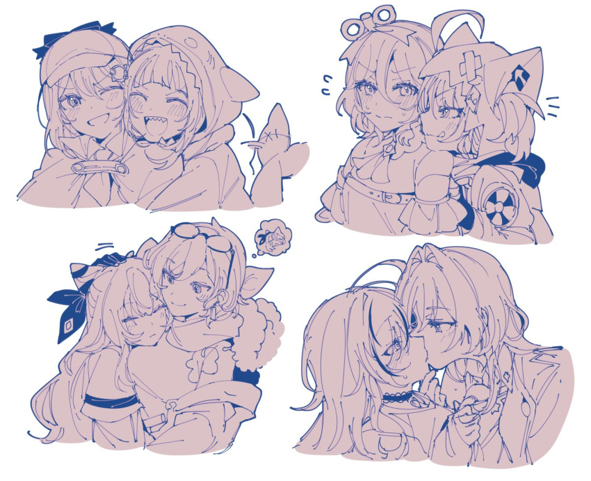 6+girls, :q, ;d, ahoge, animal_ear_hood, animal_hood, arched_bangs, ascot