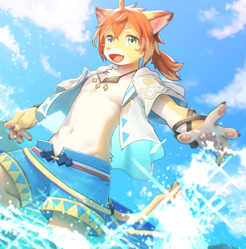 1boy, animal_ears, blue_eyes, blue_shorts, blue_sky, claws, clouds, commentary, fang, furry, furry_male, highres, hood, hood_down, hooded_jacket, jacket, jewelry, lion_boy, lion_ears, lion_tail, looking_at_viewer, male_focus, navel, necklace, ocean, open_clothes, open_jacket, open_mouth, pawpads, ponytail, raijin_(shinobidx), shorts, skin_fang, sky, symbol-only_commentary, tail, theo_(world_flipper), waves, whiskers, white_jacket, world_flipper