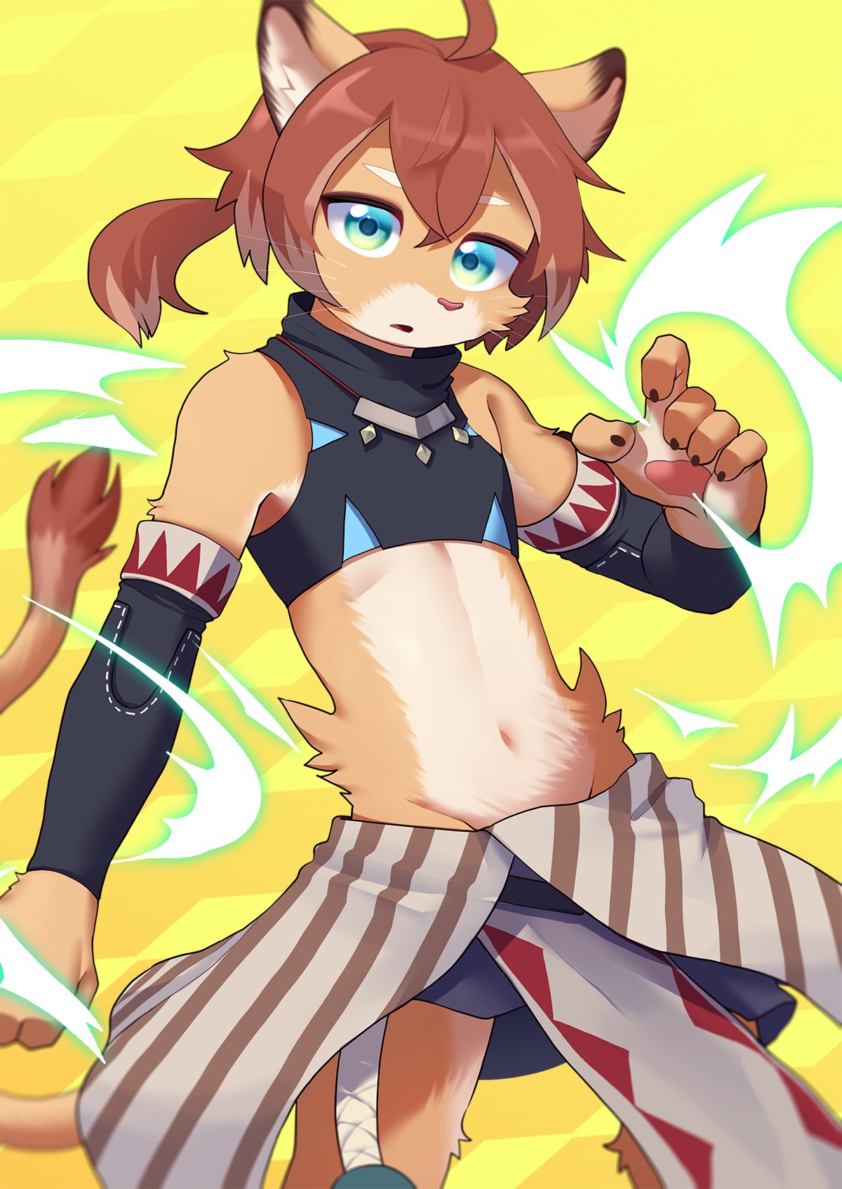 1boy, animal_ears, blue_eyes, claws, clenched_hand, commentary, crop_top, furry