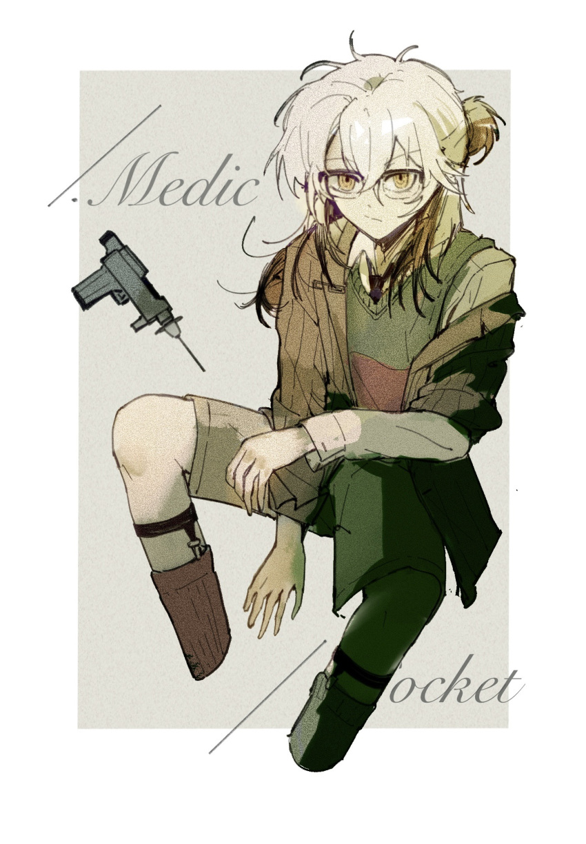 1other, :/, androgynous, border, brown_hair, brown_jacket, brown_shorts, character_name