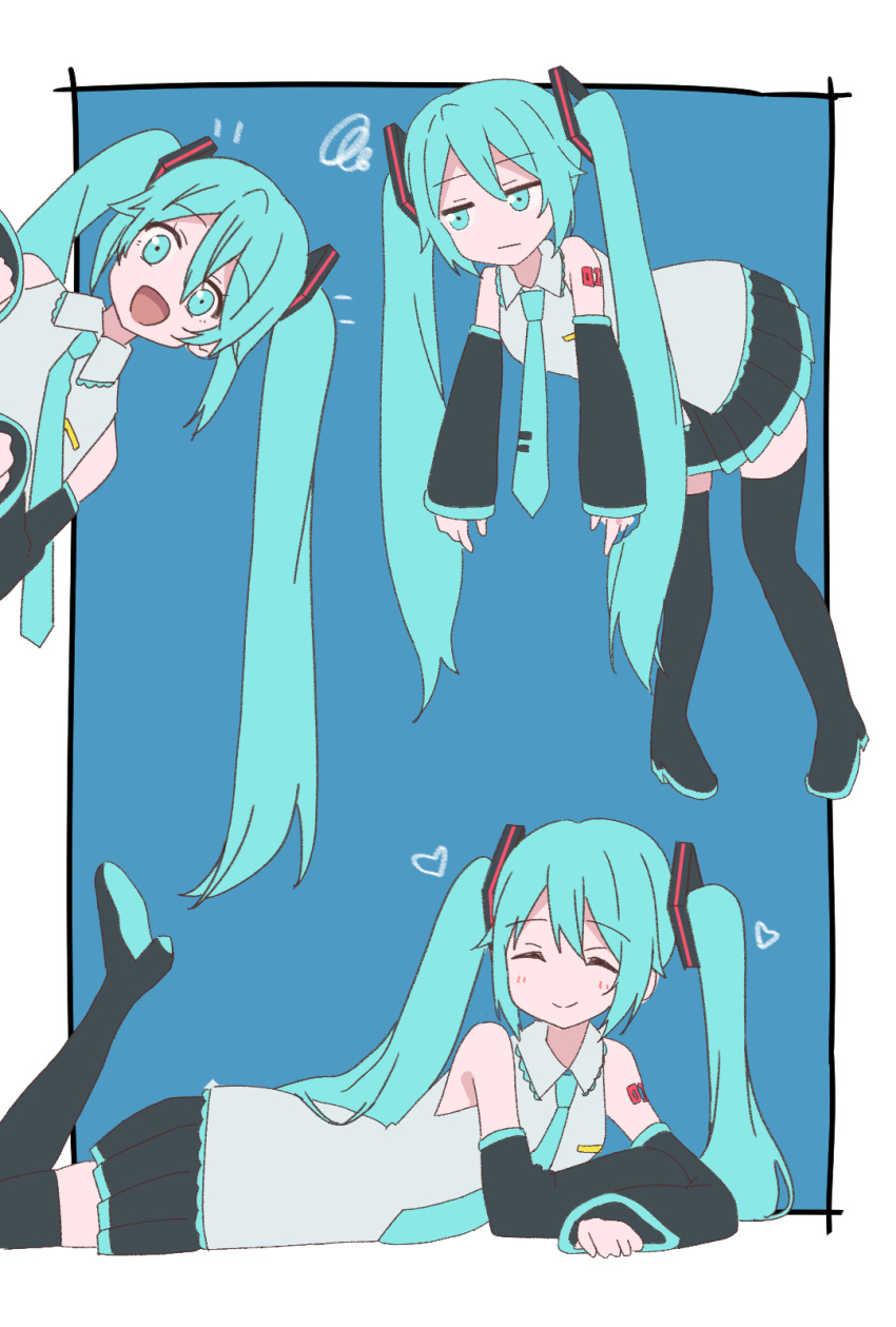 1girl, :d, ^_^, aqua_eyes, aqua_hair, aqua_necktie, arm_tattoo, black_footwear, black_skirt, black_sleeves, blue_background, boots, border, closed_eyes, colored_shoe_soles, commentary_request, crossed_arms, desktop_mate, detached_sleeves, flat_chest, flat_color, frilled_shirt_collar, frills, grey_shirt, hatsune_miku, heart, high_heel_boots, high_heels, highres, jitome, leg_up, lifting_person, light_blush, long_hair, long_sleeves, looking_at_viewer, looking_to_the_side, lying, miniskirt, multiple_views, necktie, notice_lines, number_tattoo, on_stomach, open_mouth, outside_border, pigeon-toed, pleated_skirt, red_tattoo, ryucchi, shirt, shoe_soles, simple_background, skirt, sleeveless, sleeveless_shirt, sleeves_past_wrists, smile, split_mouth, squiggle, tattoo, the_pose, thigh_boots, tie_clip, twintails, untucked_shirt, very_long_hair, vocaloid, white_border, wing_collar