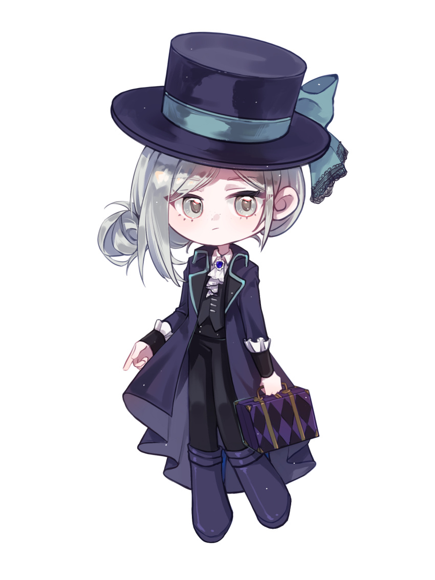 1girl, :/, absurdres, ascot, black_coat, black_footwear, black_hat, black_pants
