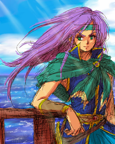 cape, cloud, faris_scherwiz, final_fantasy, final_fantasy_v, green_eyes, headband, long_hair, lowres, ocean, oekaki, poo-kame, purple_hair, reverse_trap, sky, sleeveless, smile, sunlight, tomboy, wind