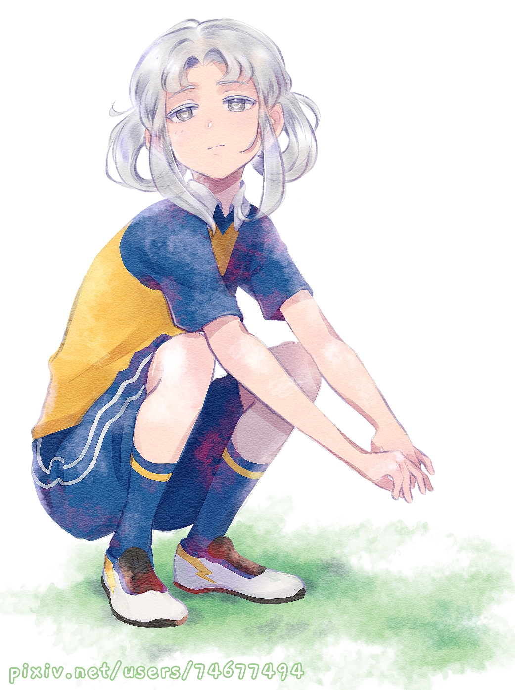 1girl, akasode_matsuri_(inazuma_eleven), blue_shorts, blue_socks, double_vertical_stripe, grass, grey_eyes, grey_hair, highres, inazuma_eleven_(series), inazuma_eleven_victory_road, pastel_colors, pixiv_username, raimon, raimon_soccer_uniform, shachichan, shirt, shoes, short_sleeves, shorts, single_horizontal_stripe, soccer_uniform, socks, solo, sportswear, squatting, white_background, white_stripes, yellow_stripes