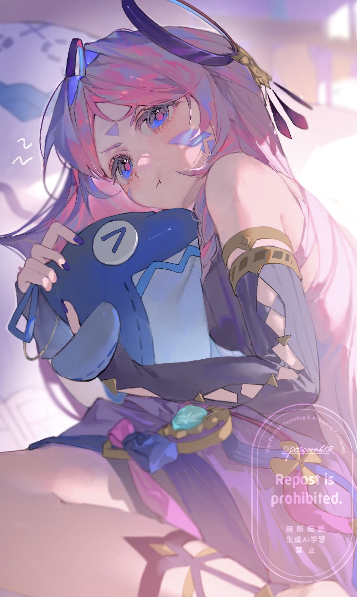 1girl, :t, bare_shoulders, black_leotard, blue_eyes, breasts, citlali_(genshin_impact), closed_mouth