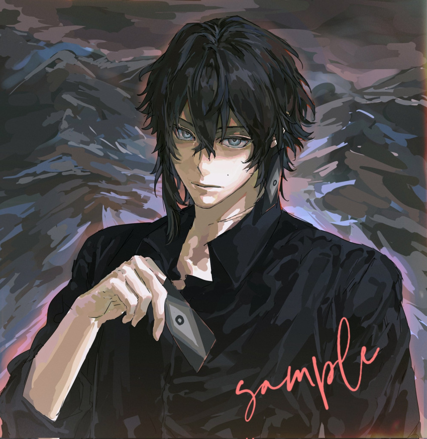 1boy, black_hair, black_shirt, card, chinese_commentary, closed_mouth, collared_shirt, commentary_request