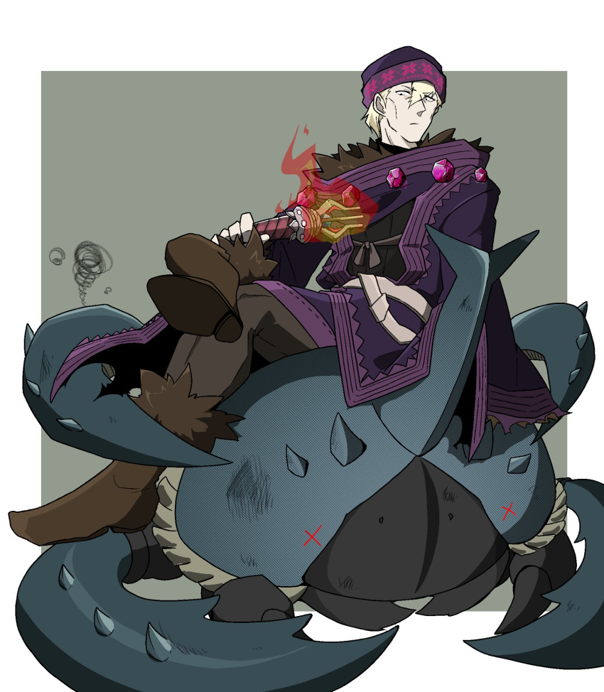 1boy, beetle, blonde_hair, boots, bug, fire, full_body, fur_trim, hat, highres, male_focus, monster, omusubi5498, purple_hat, purple_robe, robe, rune_master_(sekaiju), rune_master_3_(sekaiju), sekaiju_no_meikyuu, sekaiju_no_meikyuu_4, sitting_on_animal, solo, sunken_cheeks, wand, x_x