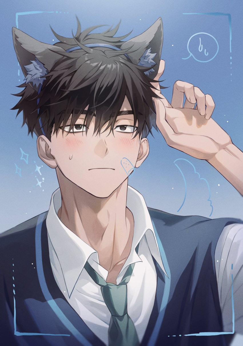 1boy, 5_taku, animal_ear_hairband, animal_ears, bandaid, bandaid_on_face, black_eyes, black_hair, blush, cat_ear_hairband, cat_ears, collared_shirt, commentary, doodle_inset, fake_animal_ears, goh_haejoon, hairband, highres, male_focus, necktie, no_home_(manhwa), portrait, shirt, short_hair, solo, sparkle, spoken_sweatdrop, sweatdrop, symbol-only_commentary, vest, white_shirt