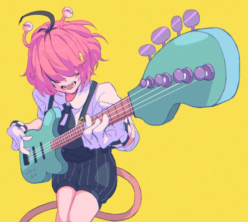 1girl, addendium, ahoge, bass_guitar, black_hair, dooby_(vtuber), gloves, highres