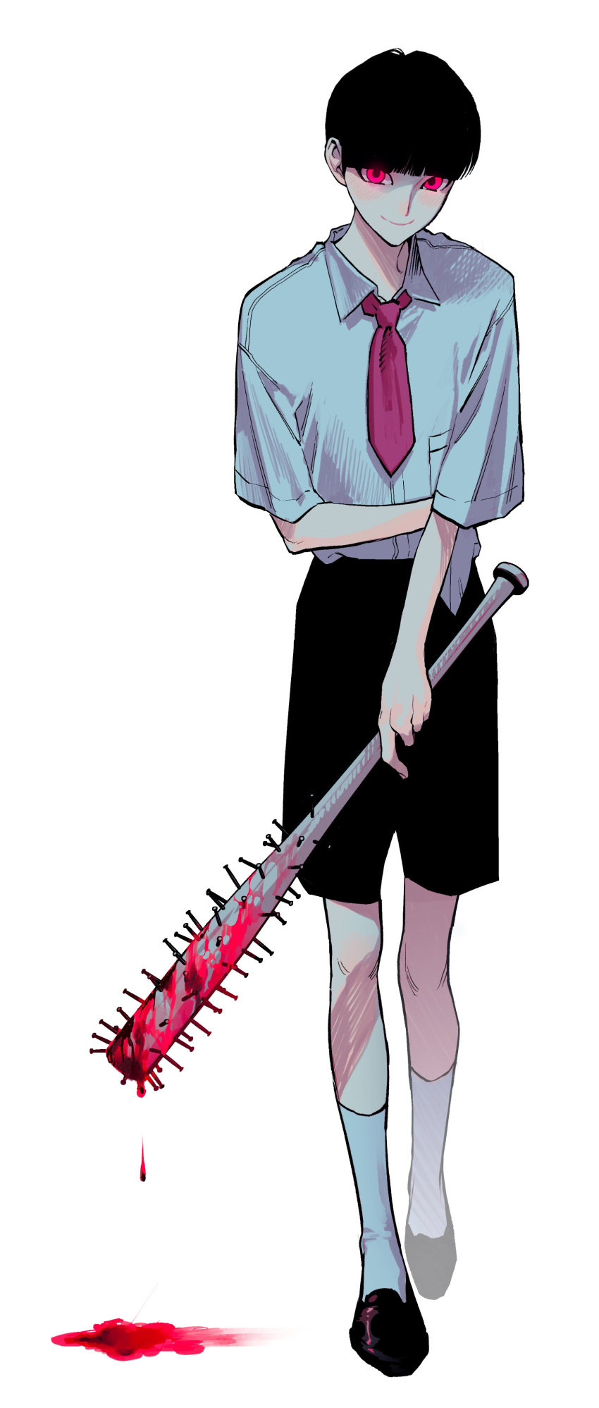 1boy, absurdres, baseball_bat, black_footwear, black_shorts, blood, blood_drip, blood_on_ground