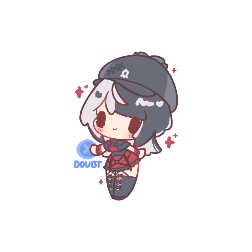 1girl, black_capelet, black_hair, black_hat, black_thighhighs, capelet, chibi, chibi_only, closed_mouth, decrilus, deerstalker, dress, grey_hair, hat, highres, hololive, hololive_english, long_hair, meme, multicolored_hair, official_alternate_costume, press_x_to_doubt_(meme), red_dress, shiori_novella, shiori_novella_(3rd_costume), simple_background, smile, solo, split-color_hair, thigh-highs, two-tone_hair, virtual_youtuber, white_background