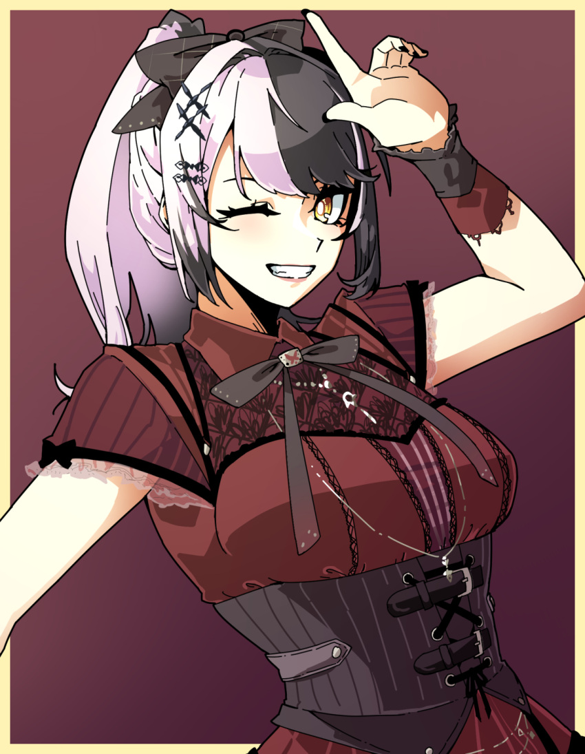 1girl, black_corset, black_hair, black_ribbon, corset, dress, grey_hair, grin, hair_ribbon, hand_up, high_ponytail, highres, hololive, hololive_english, joeboto, long_hair, looking_at_viewer, multicolored_hair, neck_ribbon, official_alternate_costume, one_eye_closed, red_dress, ribbon, shiori_novella, shiori_novella_(3rd_costume), smile, solo, split-color_hair, teeth, two-tone_hair, virtual_youtuber, yellow_eyes