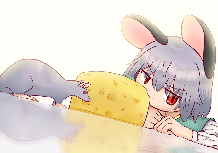animal_ears, cheese, eating, food, grey_hair, highres, looking_at_viewer, mouse_(animal), mouse_ears, mouse_girl, nazrin, red_eyes, shlipon, simple_background, touhou