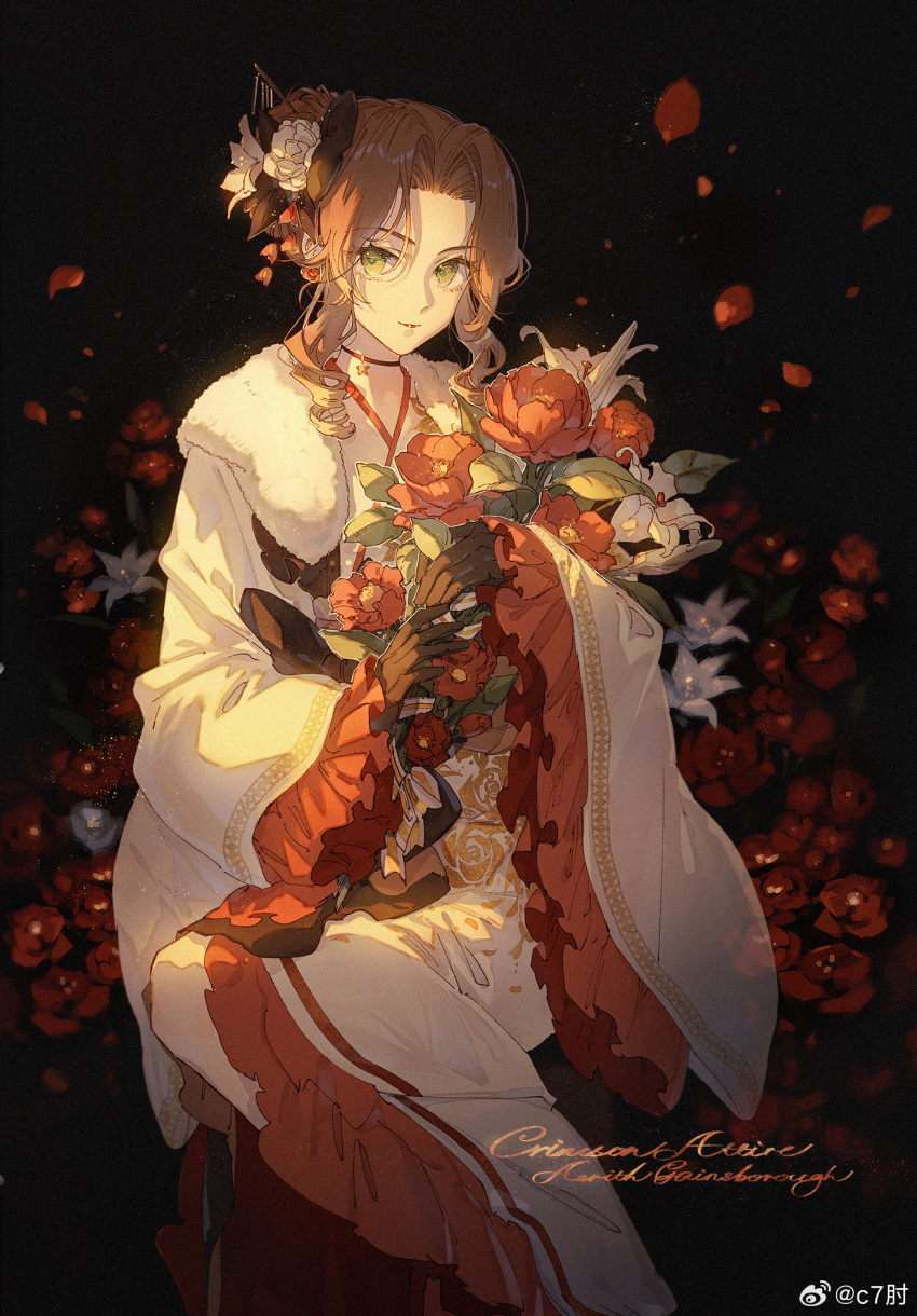 1girl, aerith_gainsborough, aerith_gainsborough_(festive_crimson_attire), black_background, bouquet, brown_gloves, brown_hair, character_name