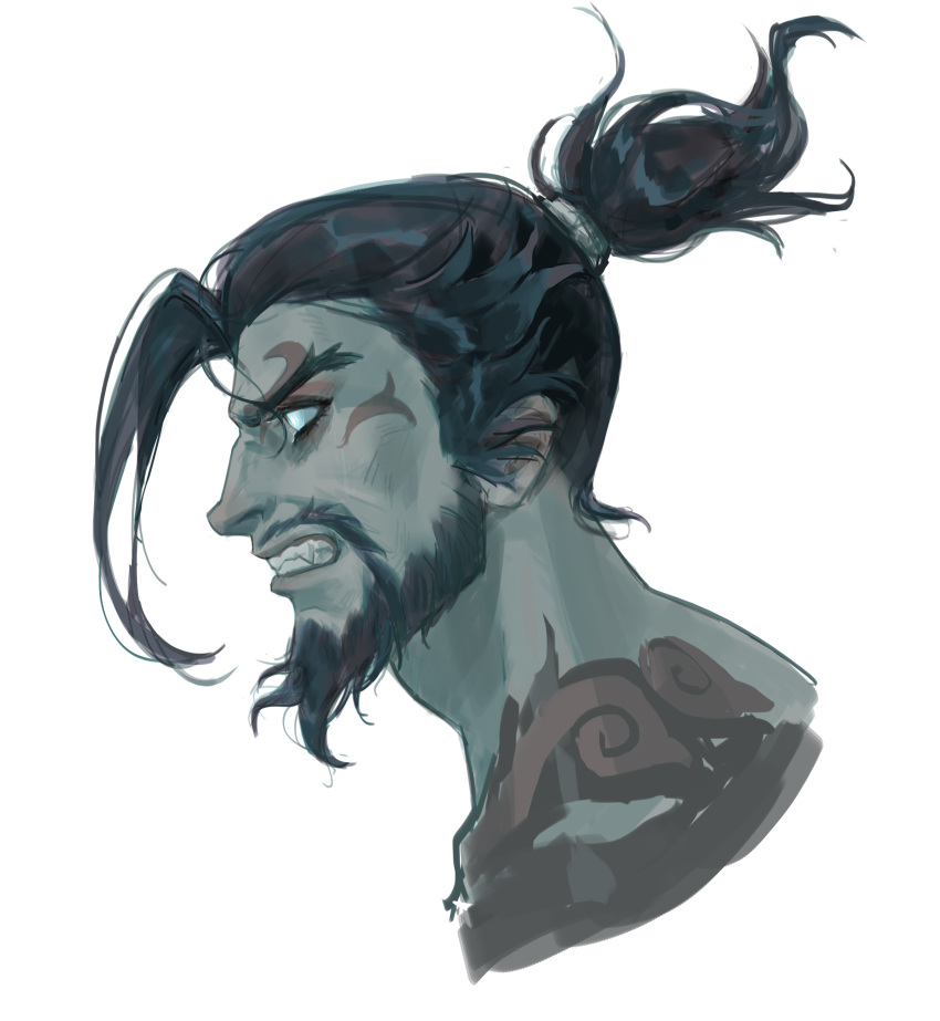 1boy, absurdres, beard, black_hair, clenched_teeth, colored_skin, commentary, cropped_shoulders