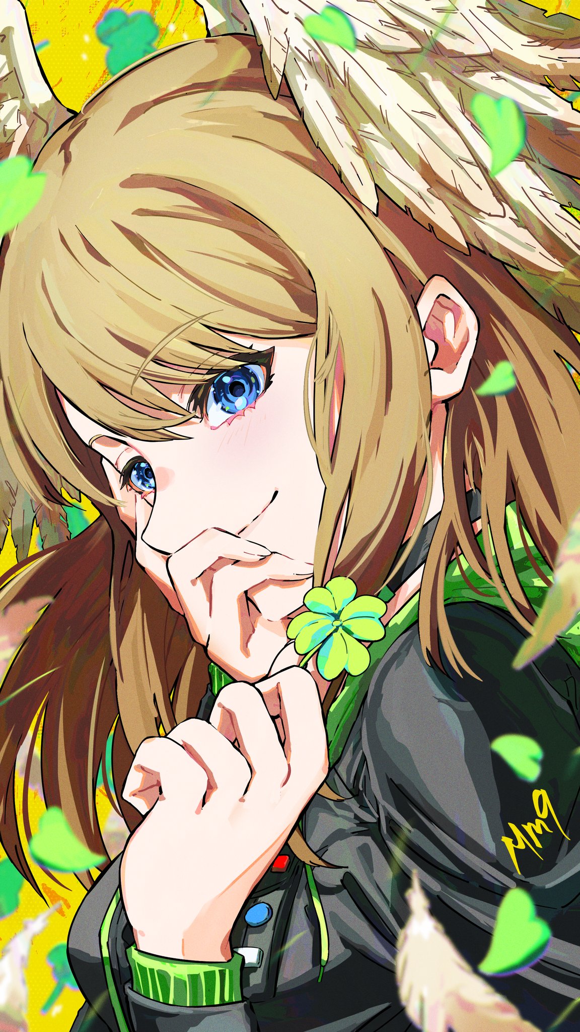 1girl, black_choker, black_jacket, black_shirt, blue_eyes, brown_hair, choker, closed_mouth, clover, eunie_(xenoblade), feathered_wings, four-leaf_clover, green_trim, hand_on_own_face, head_wings, highres, holding, holding_clover, jacket, long_hair, long_sleeves, looking_at_viewer, milo_monzon, open_clothes, open_jacket, shirt, smile, solo, upper_body, white_wings, wings, xenoblade_chronicles_(series), xenoblade_chronicles_3