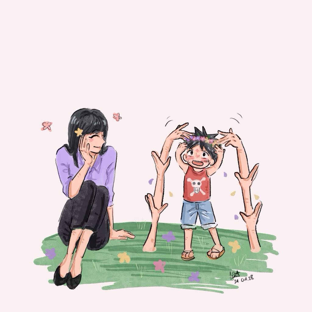 1boy, 1girl, ^_^, aged_down, black_pants, blue_shorts, blunt_bangs, closed_eyes, commentary, extra_arms, flower_wreath, gocha_rin, medium_hair, monkey_d._luffy, nico_robin, one_piece, pants, purple_shirt, sandals, scar, scar_on_face, shirt, shorts, sitting, skull_and_crossbones, smile, symbol-only_commentary