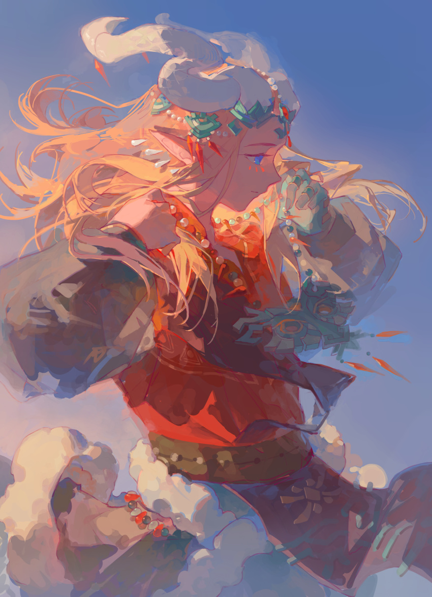 1boy, absurdres, bead_necklace, beads, belt, black_shirt, blonde_hair, blue_eyes