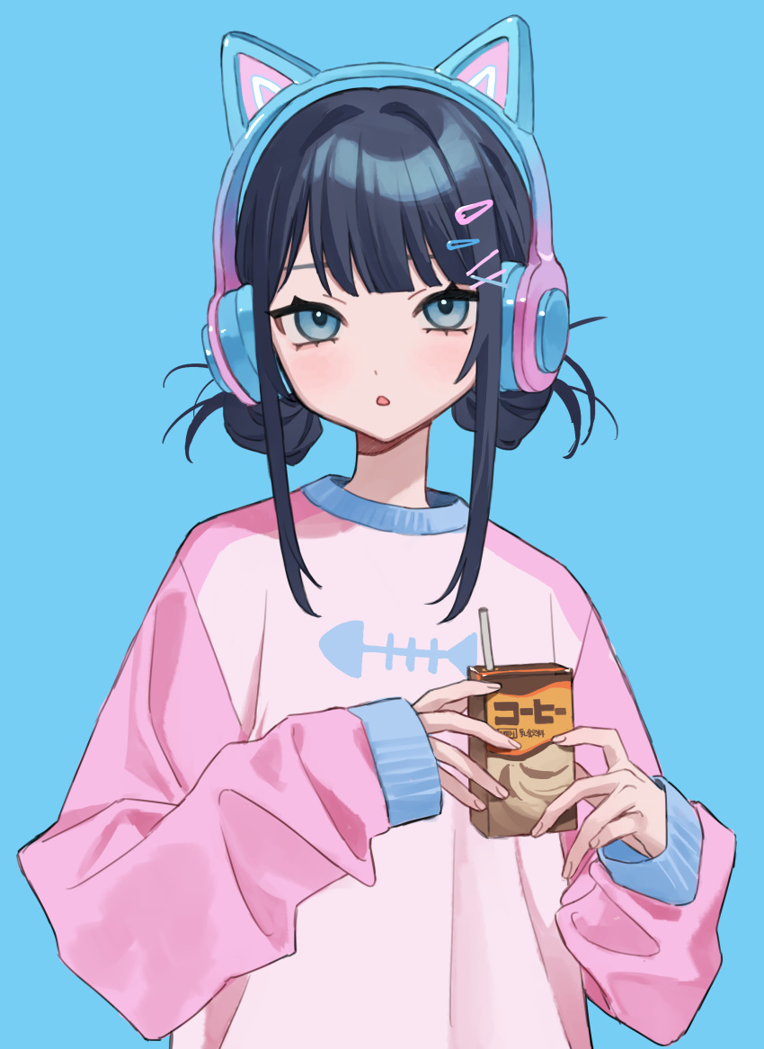1girl, :o, absurdres, animal_ear_headphones, animal_ears, black_hair, blue_background, blue_eyes