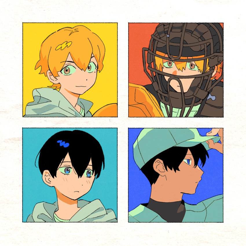 2boys, adjusting_clothes, adjusting_headwear, arm_up, baseball_cap, baseball_mitt, baseball_uniform, black_hair